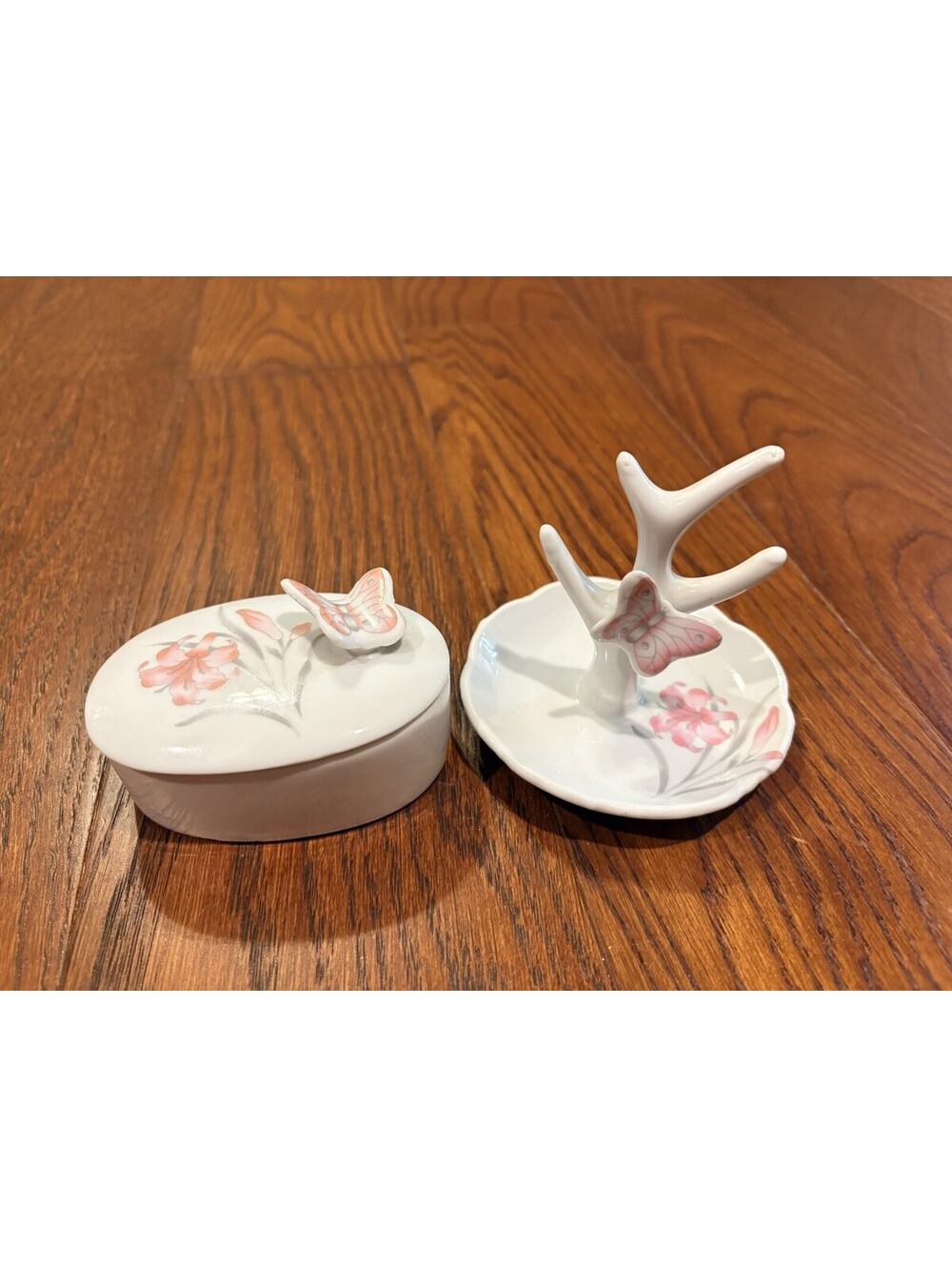 VButterfly Porcelain RING HOLDER Jewelry Tree Floral White Pink Matching Trinket